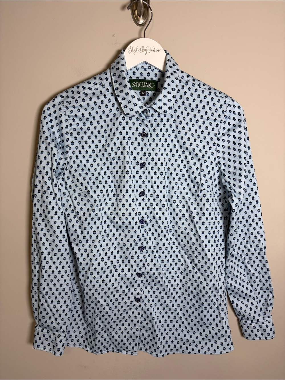 Souleiado Mouche fly print blouse Blue Long Sleeve Top Womens Sz 42 US 14 - Picture 1 of 11